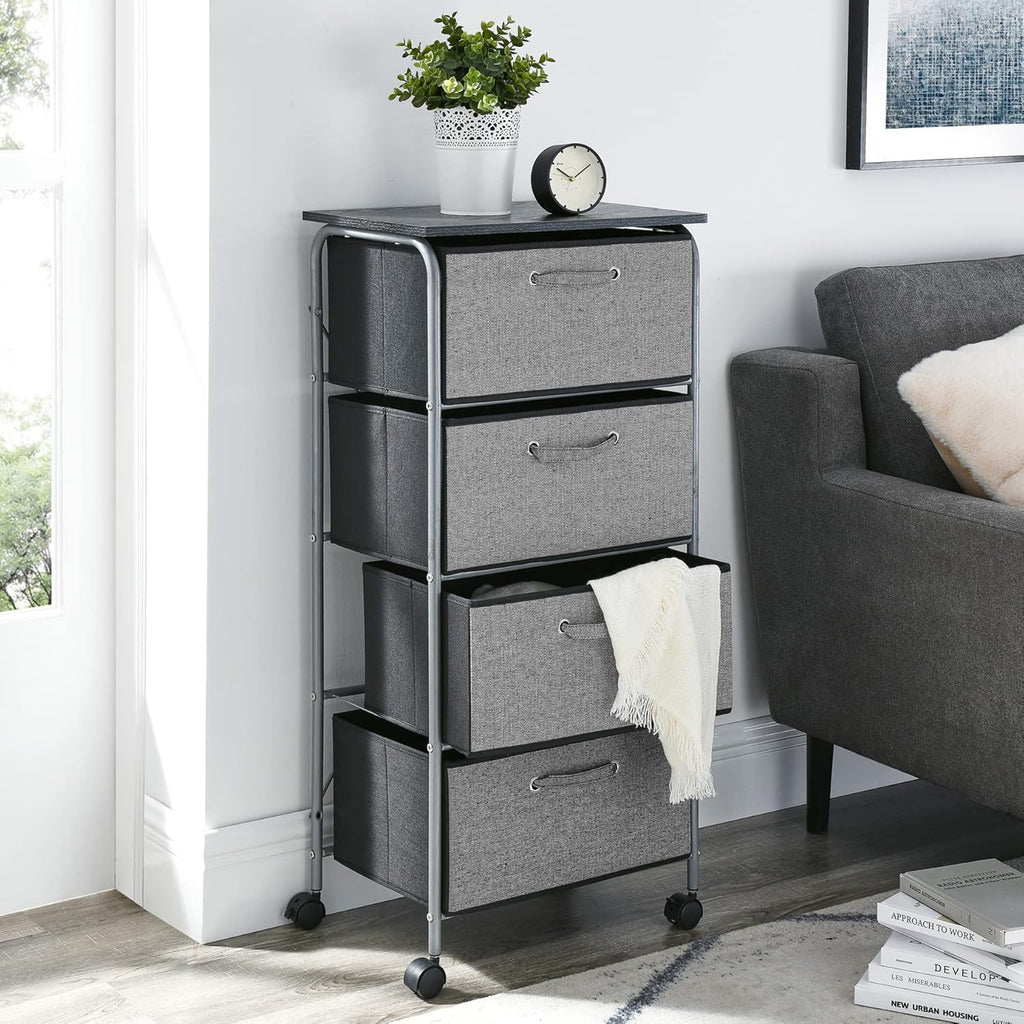 Narrow Slim Storage Drawer Chest with 4 Fabric Bins Metal Frame MDF Wood Top A1316