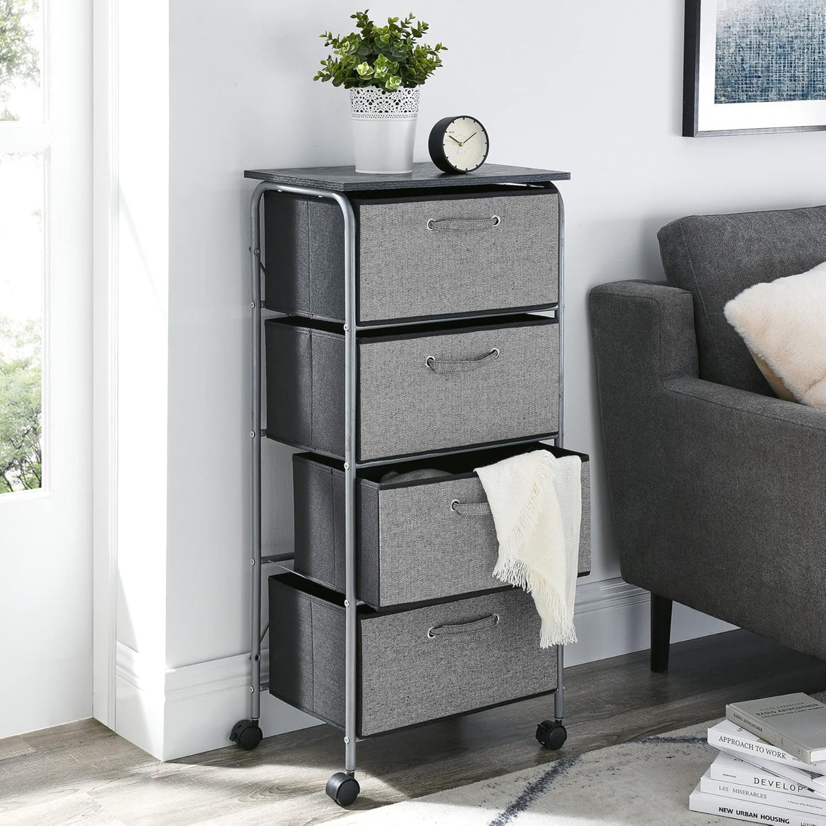 Narrow Slim Storage Drawer Chest with 4 Fabric Bins Metal Frame MDF Wood Top A1316