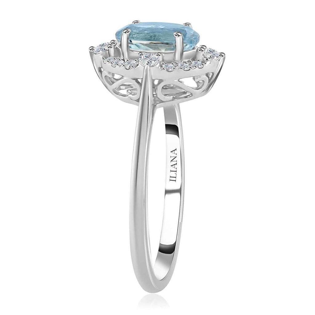 18K White Gold Halo Ring with Blue Aquamarine and White Diamond W519