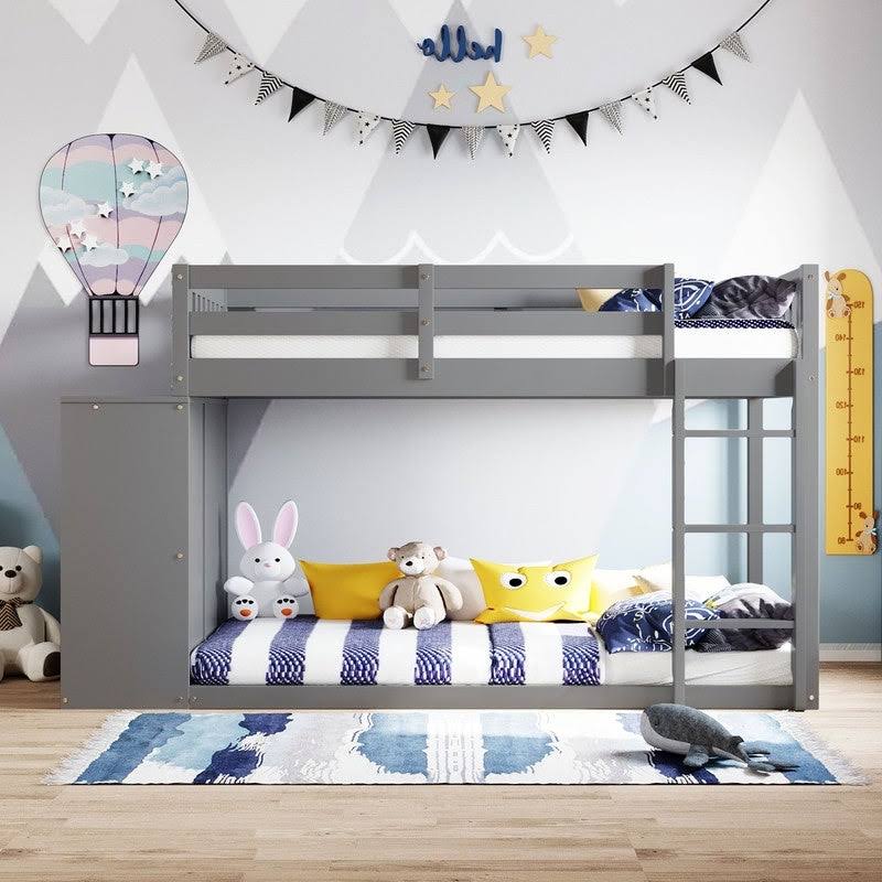 Gray Twin Over Twin Bunk Bed with 4 Drawers & 3 Shelves & Ladder B287155