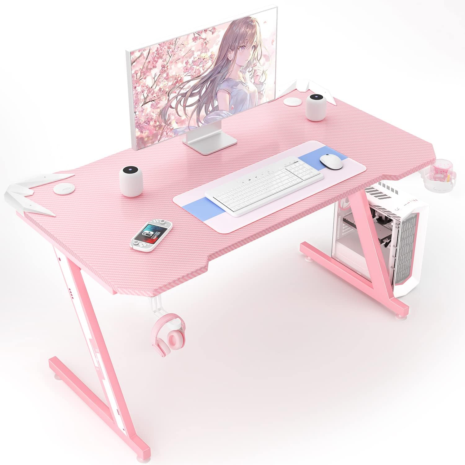 44 Inch Black Gaming Desk with Carbon Fiber Surface Cup Holder and Headphone Hook R9855