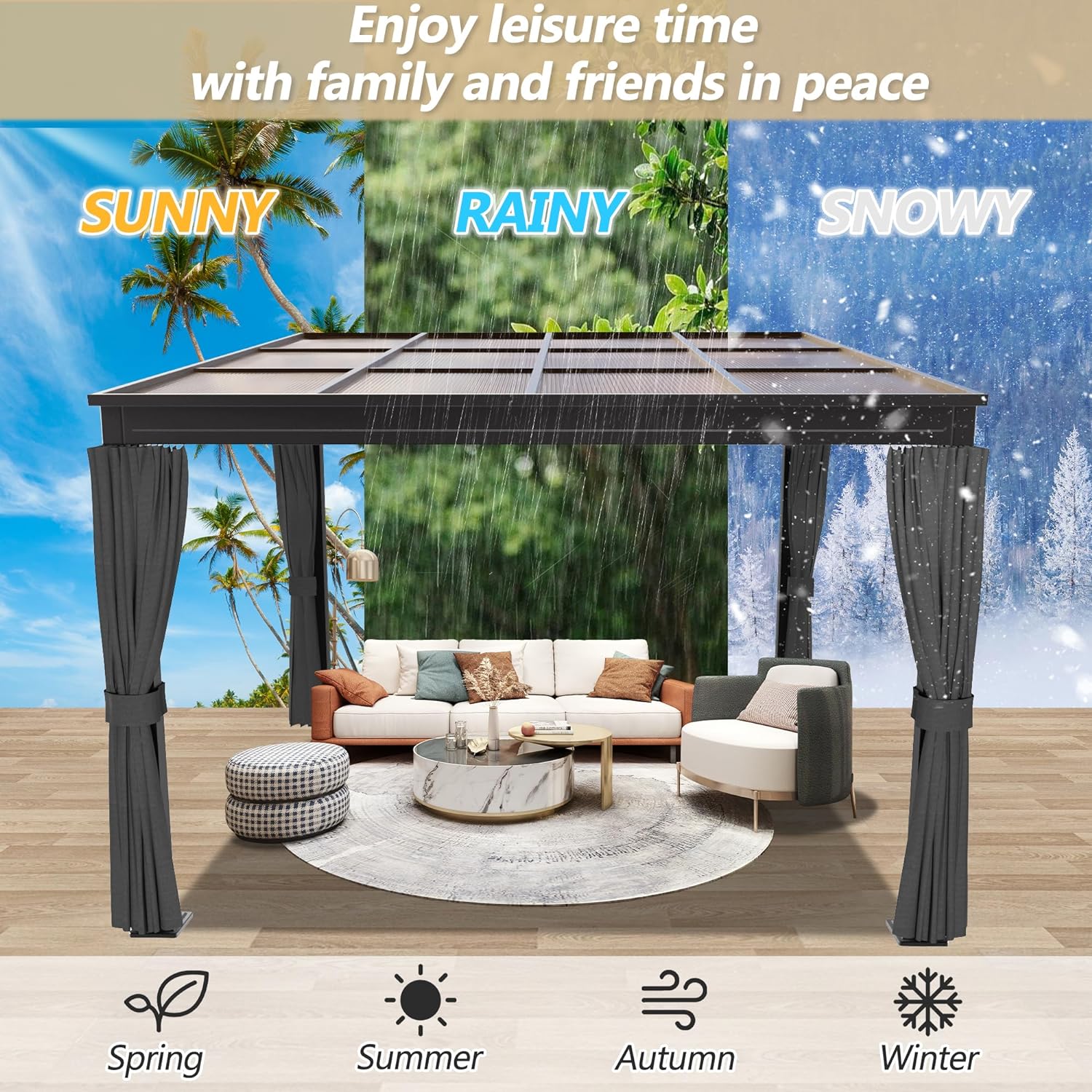 10×10FT Wall-Mounted Aluminum Frame Pergola Gazebo With Netting & Curtains X205