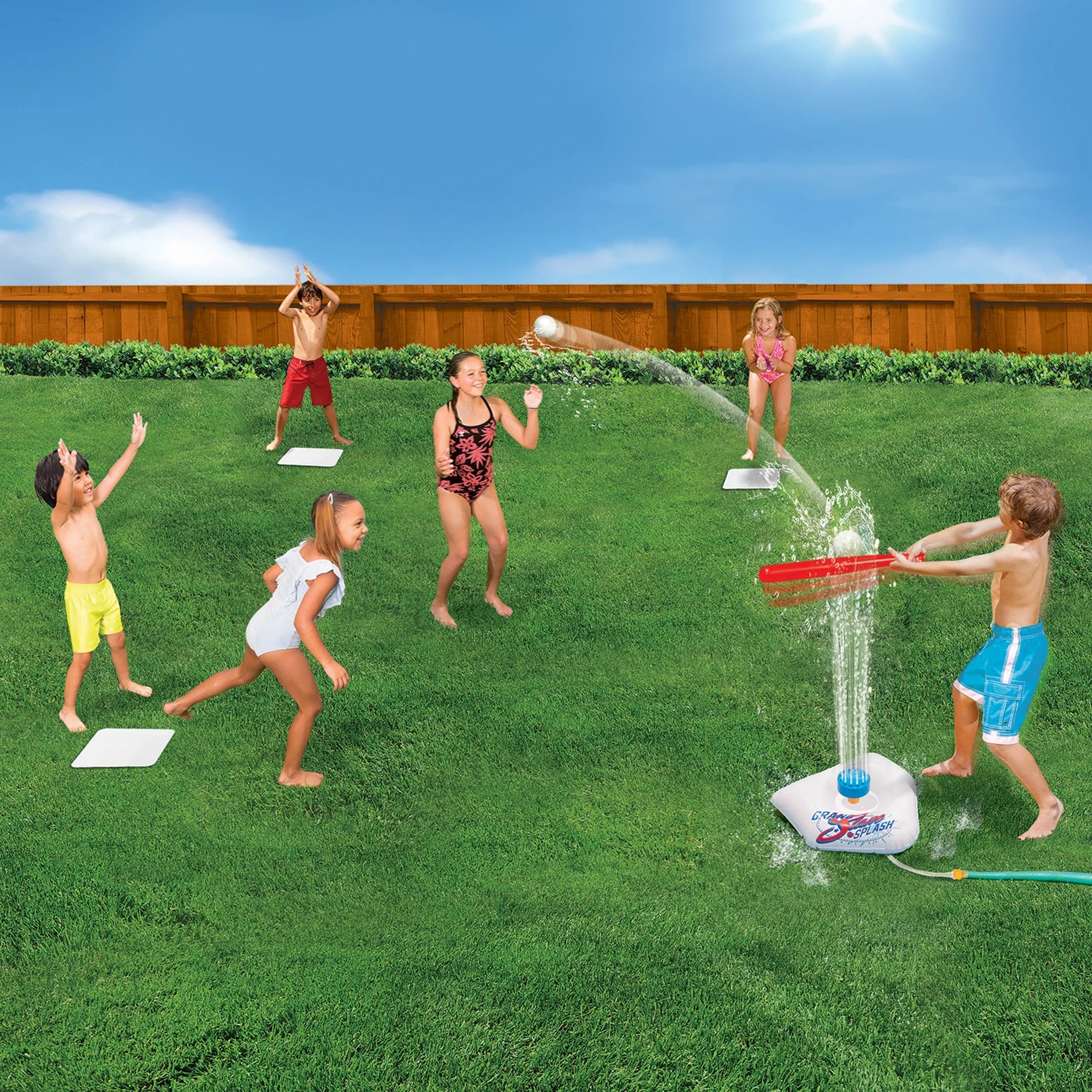 Splash & Slam Baseball Tee & Sprinkler Water Sports Game with Plastic Bat, 2 Plastic Balls, Home Plate & Bases R99672