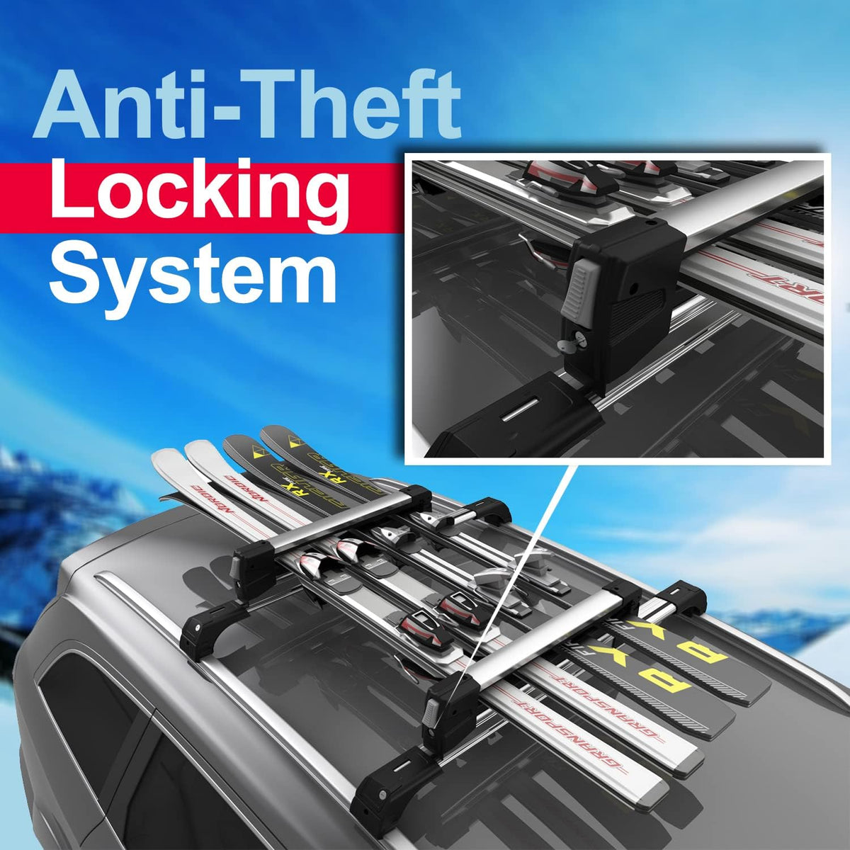 Universal Ski & Snowboard Car Rack with Anti-Theft Lock, 35 Fits Up to 6 Pairs of Skis or 4 Snowboards M390
